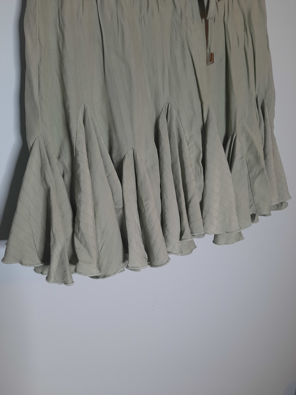 Sz Small, Light Sage Green Ruffle Hem Mini Skirt, Flowy, Flirty, Summer, Spring - Picture 2 of 5